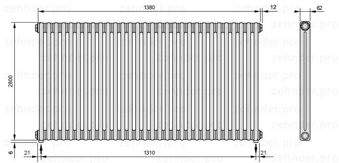 Схема (чертеж) Радиатор Zehnder Charleston 2280/30 №5310 Белый глянцевый RAL 9016